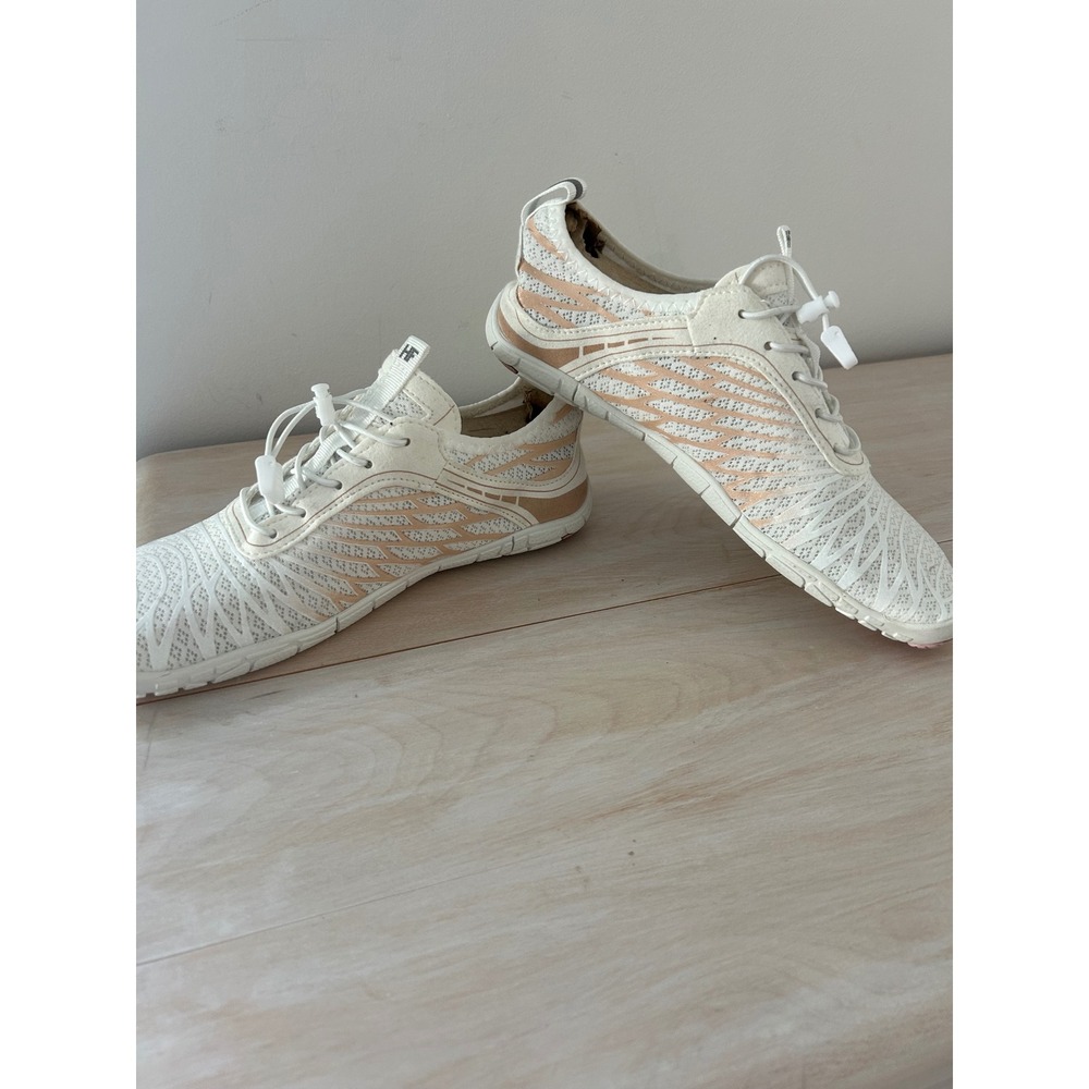 HF Barefoot Sneakers Womens 40 White Rose Gold Mesh Toggle Lace Minimalist Shoes